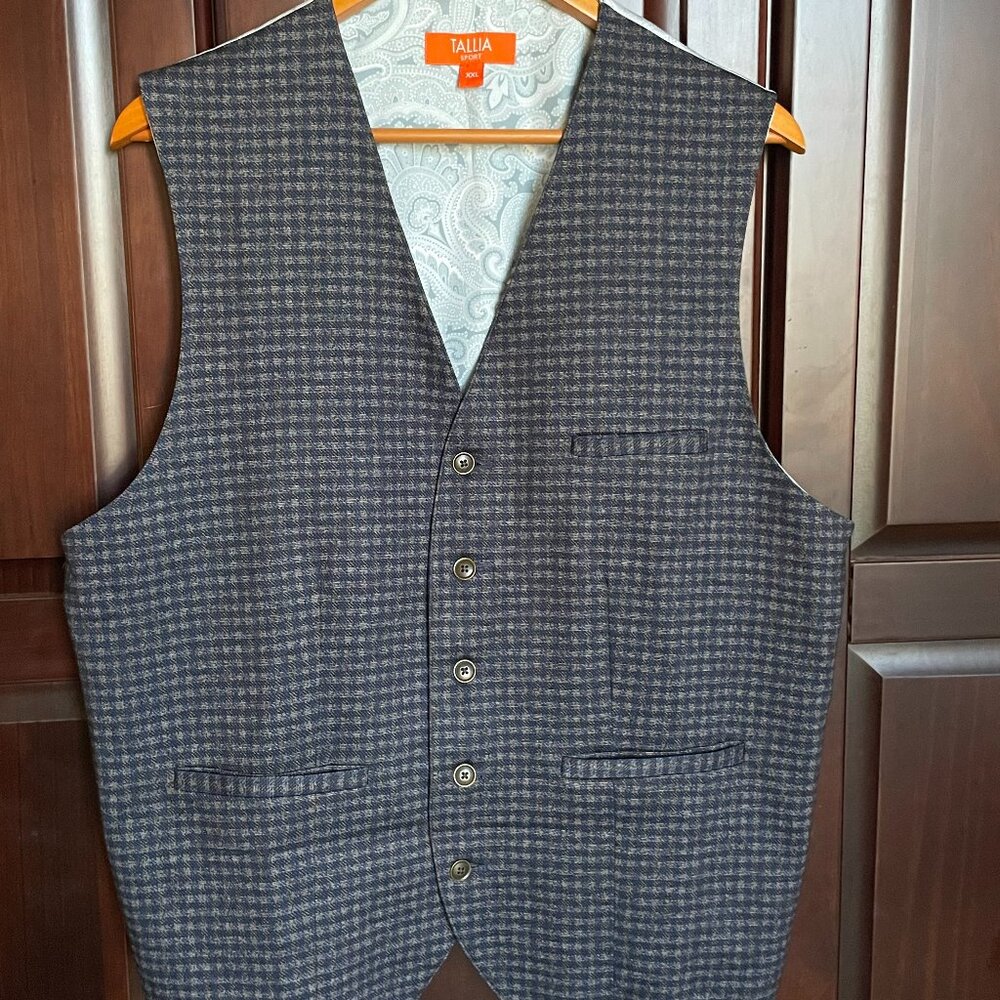 Tallia Single Breasted Checked Navy Blue 5 Button Adjustable Vest  XXL